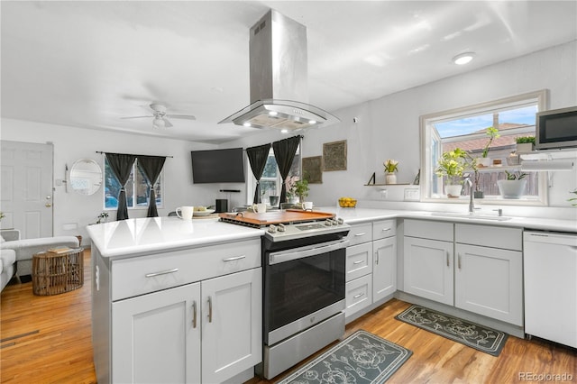 935 S Pecos Way, Denver, CO 80223 - kitchen with stainless steel appliances, island range hood, a peninsula, a ceiling fan, and light wood-style flooring