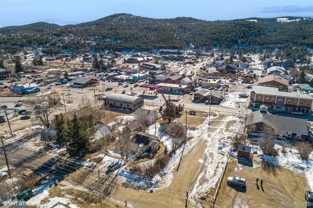 drone / aerial view featuring a mountain view