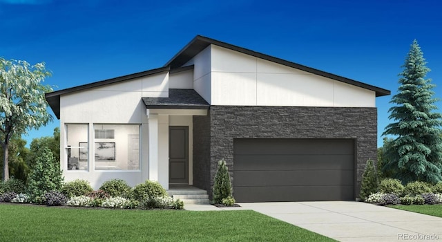 contemporary home featuring a garage and a front lawn