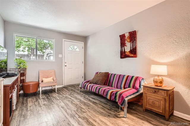 living area with light wood-type flooring, a textured wall, and baseboards