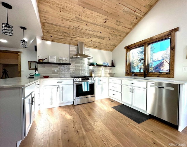 900 Tallaqua Dr, Grand Lake, CO 80447 - kitchen with wall chimney range hood, stainless steel appliances, wood ceiling, lofted ceiling, and white cabinets