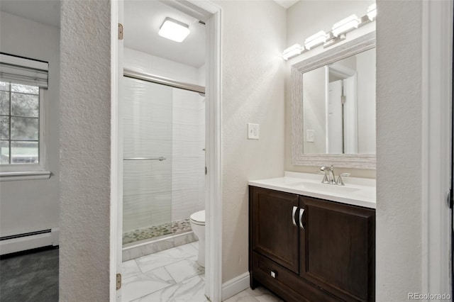 5875 E Iliff Ave Unit 108, Denver, CO 80222 - bathroom with a baseboard radiator, marble finish floors, a shower stall, toilet, and a textured wall