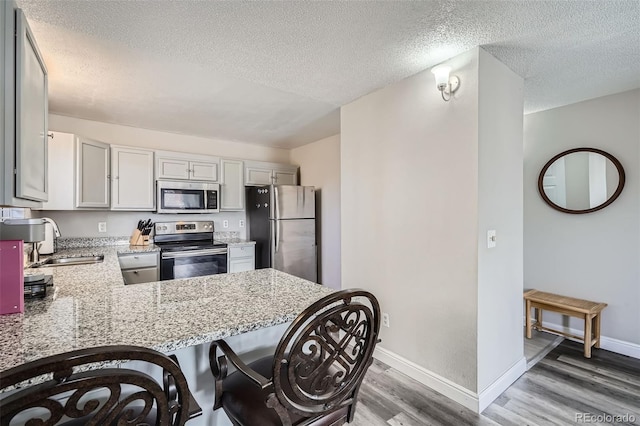 kitchen featuring a sink, light wood-style floors, a textured ceiling, light stone countertops, and appliances with stainless steel finishes