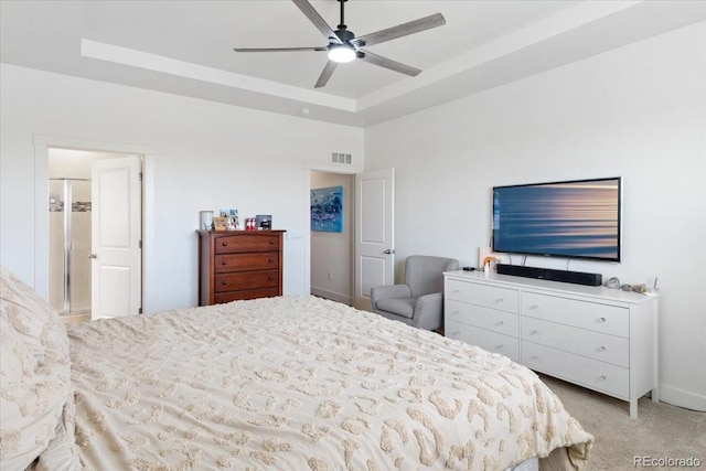 13476 Willow St, Thornton, CO 80602 - bedroom with light carpet, a ceiling fan, and a tray ceiling
