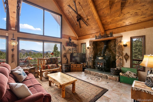 2169 Spruce Rd, Woodland Park, CO 80863 - living area with a wood stove, high vaulted ceiling, and a wooden ceiling with exposed beams