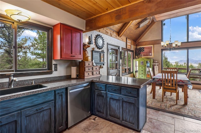 2169 Spruce Rd, Woodland Park, CO 80863 - kitchen with dishwasher, a wood ceiling with exposed beams, dark countertops, a peninsula, and a chandelier