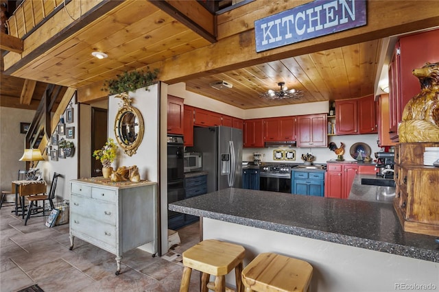 2169 Spruce Rd, Woodland Park, CO 80863 - kitchen featuring appliances with stainless steel finishes, a wood ceiling with exposed beams, dark countertops, a peninsula, and reddish brown cabinets