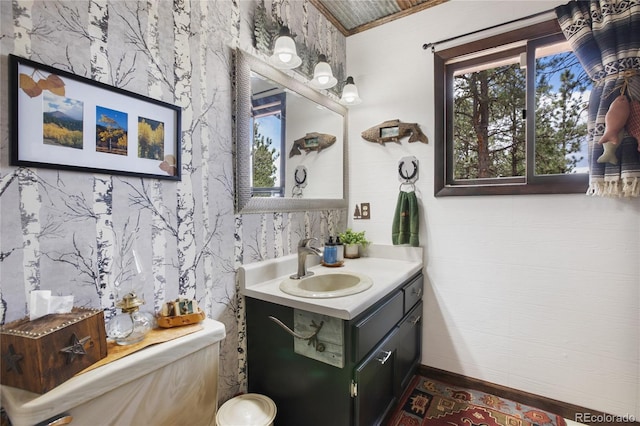 2169 Spruce Rd, Woodland Park, CO 80863 - half bath featuring wallpapered walls, vanity, and crown molding