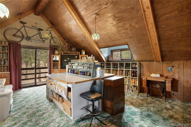 2169 Spruce Rd, Woodland Park, CO 80863 - kitchen featuring wooden ceiling, carpet flooring, a kitchen island, wood walls, and open shelves