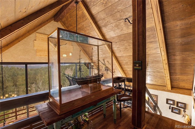 2169 Spruce Rd, Woodland Park, CO 80863 - detailed view of a wood ceiling with exposed beams, wooden walls, and wood finished floors