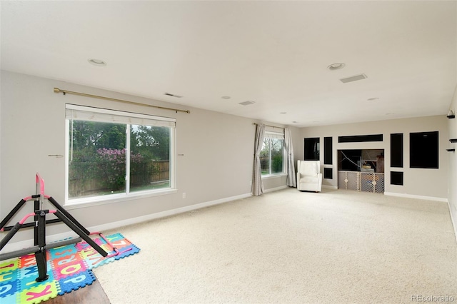 recreation room featuring visible vents, baseboards, carpet floors, and recessed lighting