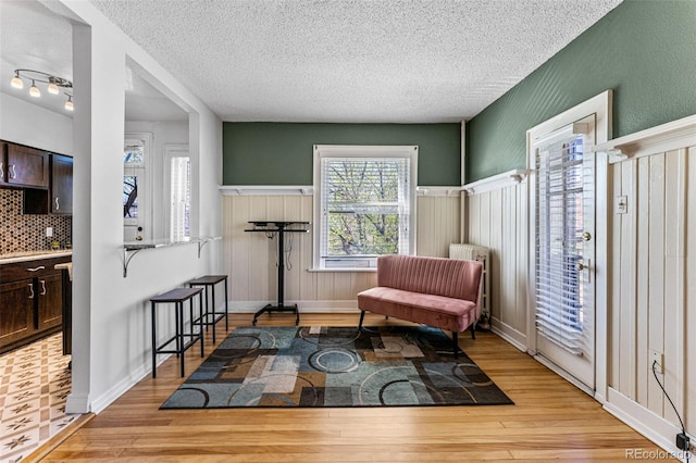 living area featuring baseboards, a textured ceiling, radiator heating unit, and light wood-style floors