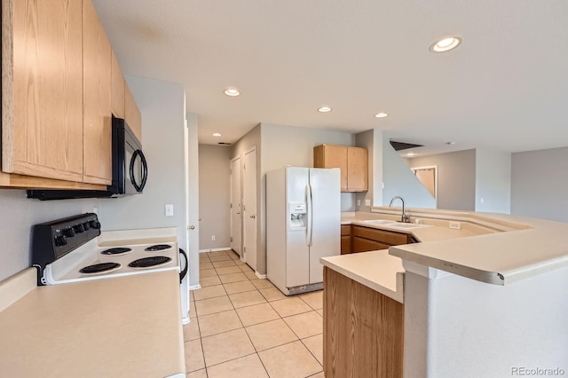 5653 Raleigh Cir, Castle Rock, CO 80104 - kitchen featuring white refrigerator with ice dispenser, black microwave, a sink, a peninsula, and light tile patterned flooring