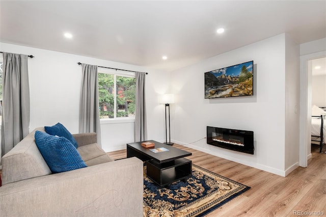192 Little Creek Rd, Idaho Springs, CO 80452 - living area featuring light wood-style floors, a glass covered fireplace, baseboards, and recessed lighting