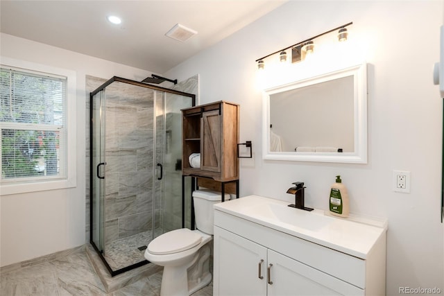 192 Little Creek Rd, Idaho Springs, CO 80452 - bathroom with vanity, a shower stall, toilet, marble finish floors, and recessed lighting