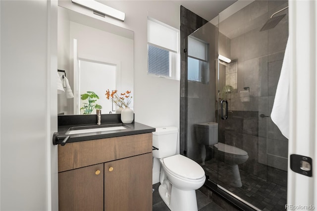 bathroom with toilet, a shower stall, and vanity