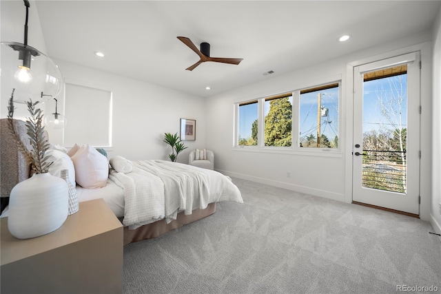 bedroom featuring baseboards, recessed lighting, visible vents, access to exterior, and carpet