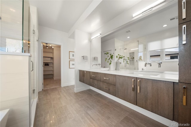 bathroom with a shower stall, visible vents, a sink, a walk in closet, and double vanity