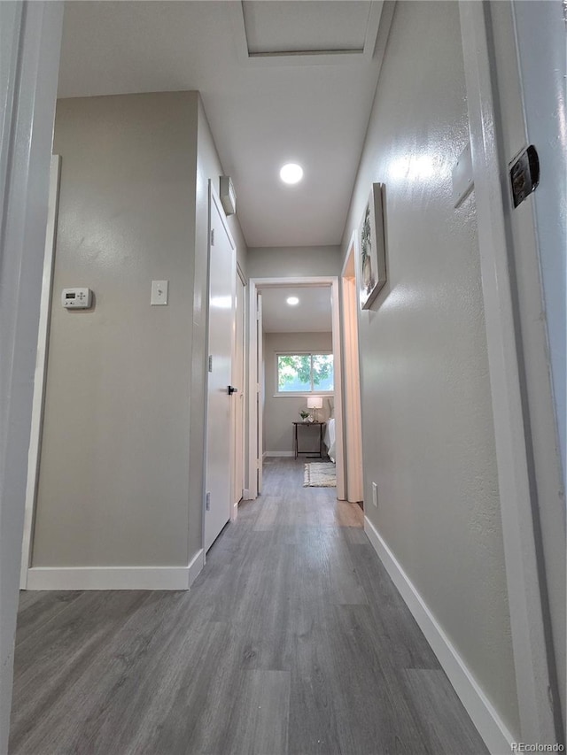 1250 S Monaco Pkwy Unit 17, Denver, CO 80224 - hall featuring wood finished floors, baseboards, attic access, and recessed lighting