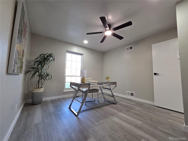 1250 S Monaco Pkwy Unit 17, Denver, CO 80224 - home office with wood finished floors, ceiling fan, baseboards, and recessed lighting