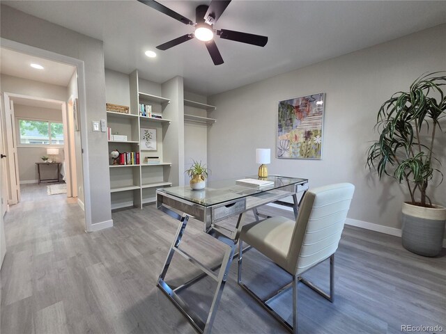 1250 S Monaco Pkwy Unit 17, Denver, CO 80224 - office space featuring a ceiling fan, baseboards, wood finished floors, and recessed lighting