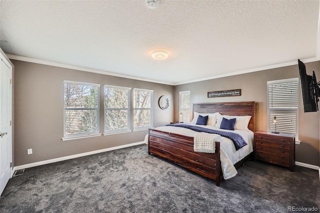10774 Chadsworth Ln, Highlands Ranch, CO 80126 - carpeted bedroom with crown molding, baseboards, and a textured ceiling
