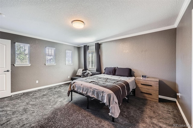 10774 Chadsworth Ln, Highlands Ranch, CO 80126 - bedroom featuring crown molding, a textured wall, a textured ceiling, carpet floors, and baseboards