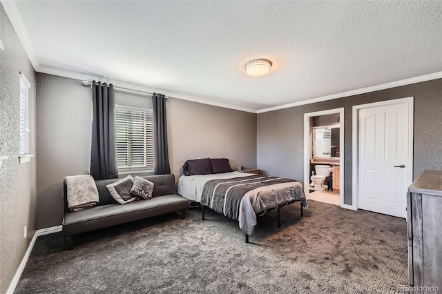 10774 Chadsworth Ln, Highlands Ranch, CO 80126 - bedroom featuring ornamental molding, a textured wall, carpet flooring, a textured ceiling, and connected bathroom