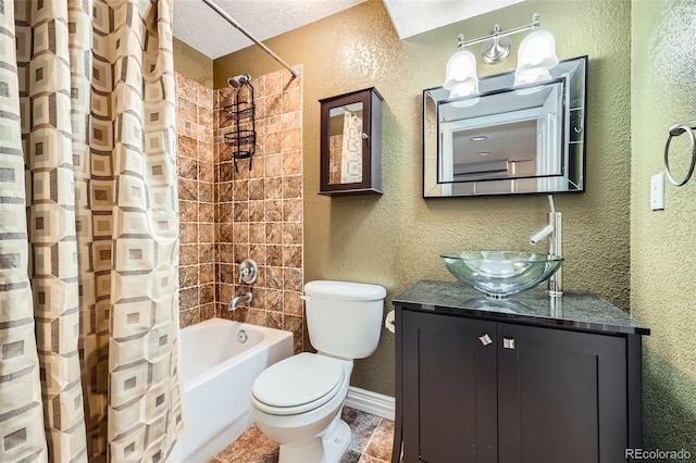 10774 Chadsworth Ln, Highlands Ranch, CO 80126 - bathroom with a textured wall, vanity, toilet, shower / bath combo with shower curtain, and baseboards