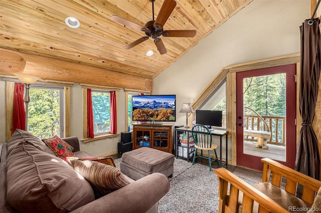 50 Pine St, Empire, CO 80438 - living room with wood ceiling, a ceiling fan, vaulted ceiling, baseboards, and recessed lighting