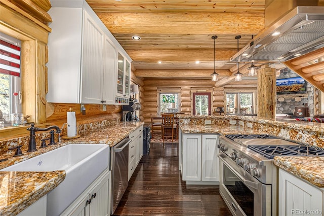 50 Pine St, Empire, CO 80438 - kitchen featuring appliances with stainless steel finishes, log walls, a sink, wooden ceiling, and dark wood-style flooring