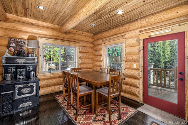 50 Pine St, Empire, CO 80438 - dining area featuring wood ceiling with exposed beams, recessed lighting, and dark wood-type flooring