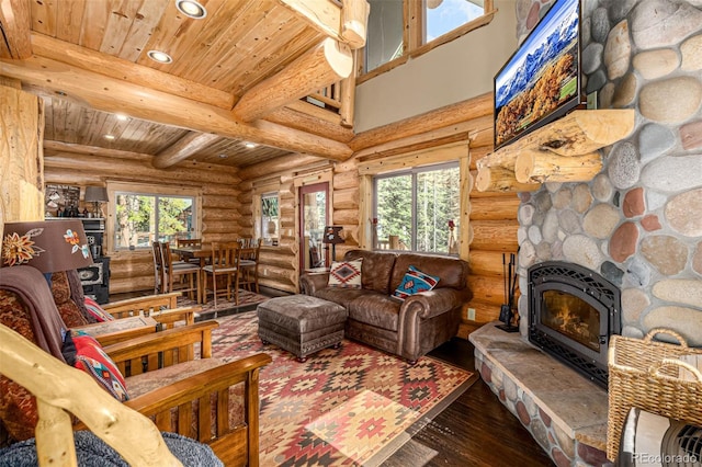 50 Pine St, Empire, CO 80438 - living room with recessed lighting, wooden ceiling with exposed beams, rustic walls, and hardwood / wood-style floors