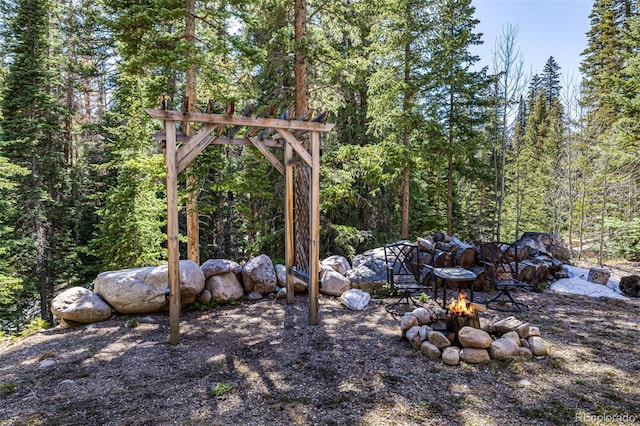 50 Pine St, Empire, CO 80438 - view of yard with a fire pit and a forest view