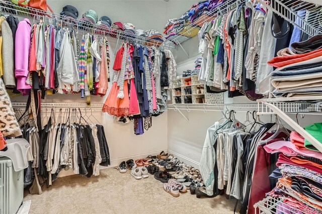 spacious closet featuring carpet flooring and radiator heating unit