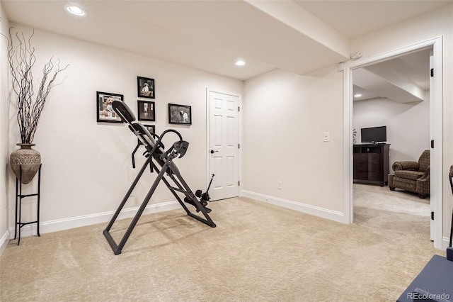 workout room with carpet floors, baseboards, and recessed lighting