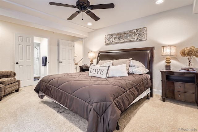 bedroom featuring carpet flooring, recessed lighting, a ceiling fan, and connected bathroom