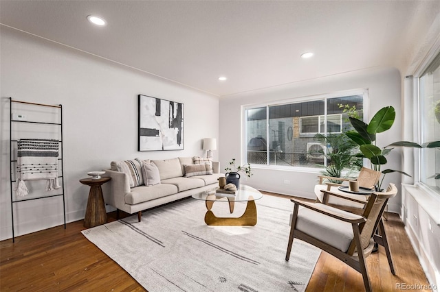 living room featuring dark wood-type flooring