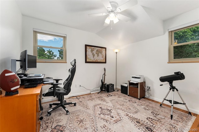6906 S Sycamore St, Littleton, CO 80120 - office space with ceiling fan, plenty of natural light, light wood-type flooring, and vaulted ceiling