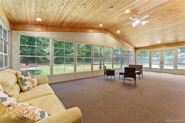 6906 S Sycamore St, Littleton, CO 80120 - sunroom / solarium featuring french doors, wooden ceiling, carpet flooring, vaulted ceiling, and recessed lighting