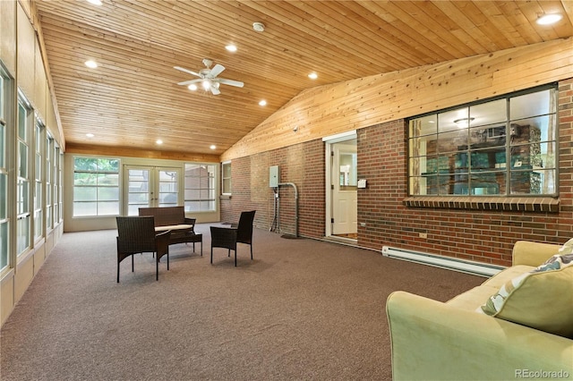 6906 S Sycamore St, Littleton, CO 80120 - living area with french doors, wooden ceiling, a baseboard radiator, carpet floors, and brick wall