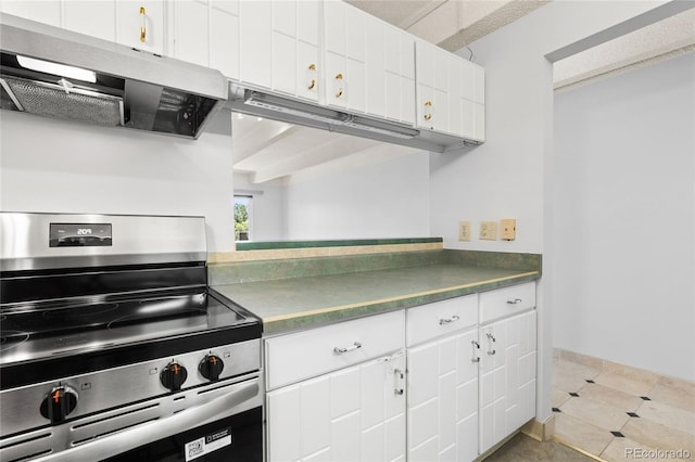 1265 N Race St Unit 603, Denver, CO 80206 - kitchen with electric range, ventilation hood, white cabinetry, and dark countertops