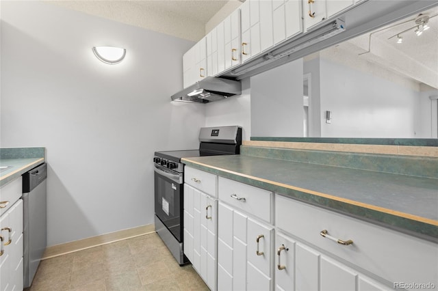 1265 N Race St Unit 603, Denver, CO 80206 - kitchen featuring appliances with stainless steel finishes, extractor fan, white cabinets, dark countertops, and a textured ceiling