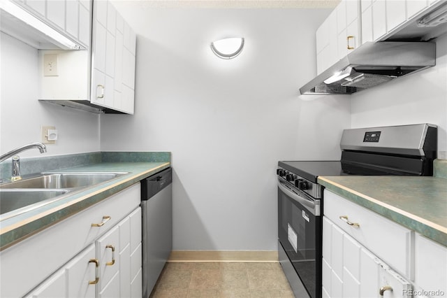 1265 N Race St Unit 603, Denver, CO 80206 - kitchen with appliances with stainless steel finishes, white cabinetry, under cabinet range hood, and light tile patterned floors
