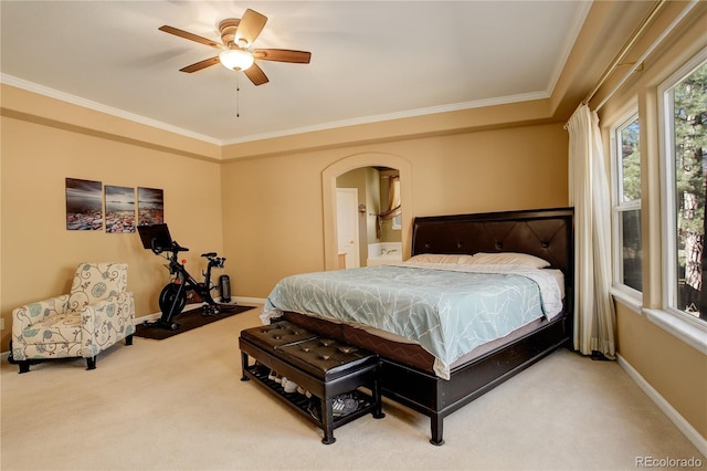 bedroom featuring carpet, ceiling fan, and ornamental molding