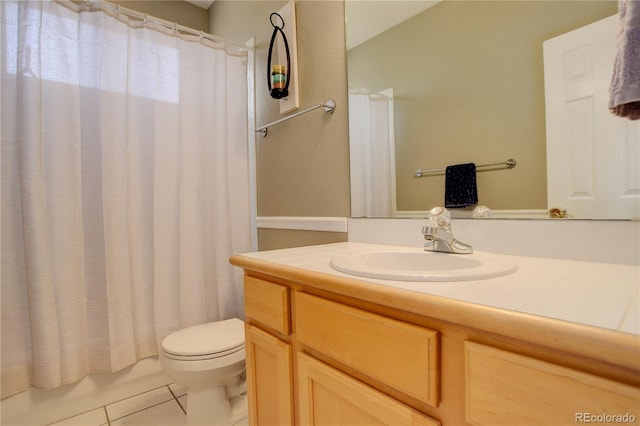 full bathroom with toilet, vanity, tile patterned floors, and shower / tub combo with curtain