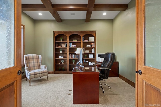 carpeted office featuring beamed ceiling and coffered ceiling