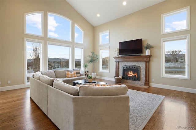 living room featuring hardwood / wood-style flooring, a wealth of natural light, and high vaulted ceiling