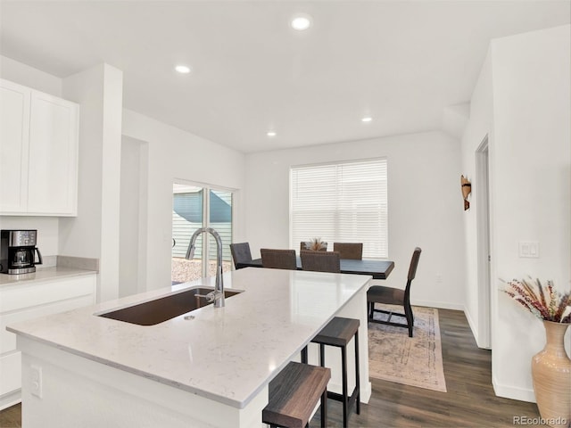 kitchen with white cabinets, dark hardwood / wood-style floors, sink, and a kitchen island with sink