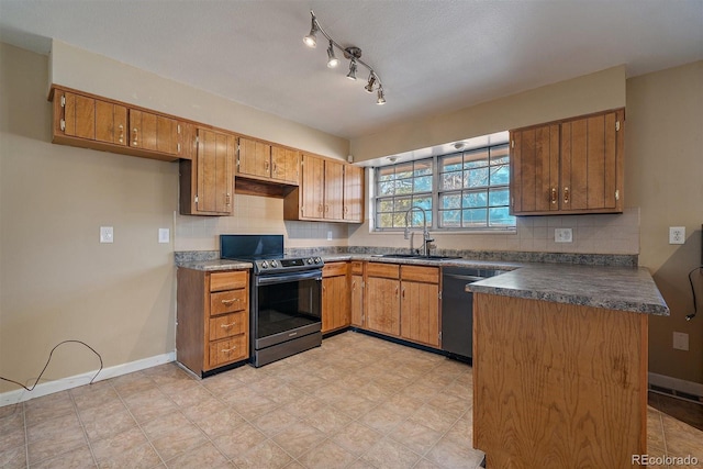 kitchen featuring a sink, range with electric cooktop, dishwasher, dark countertops, and brown cabinets